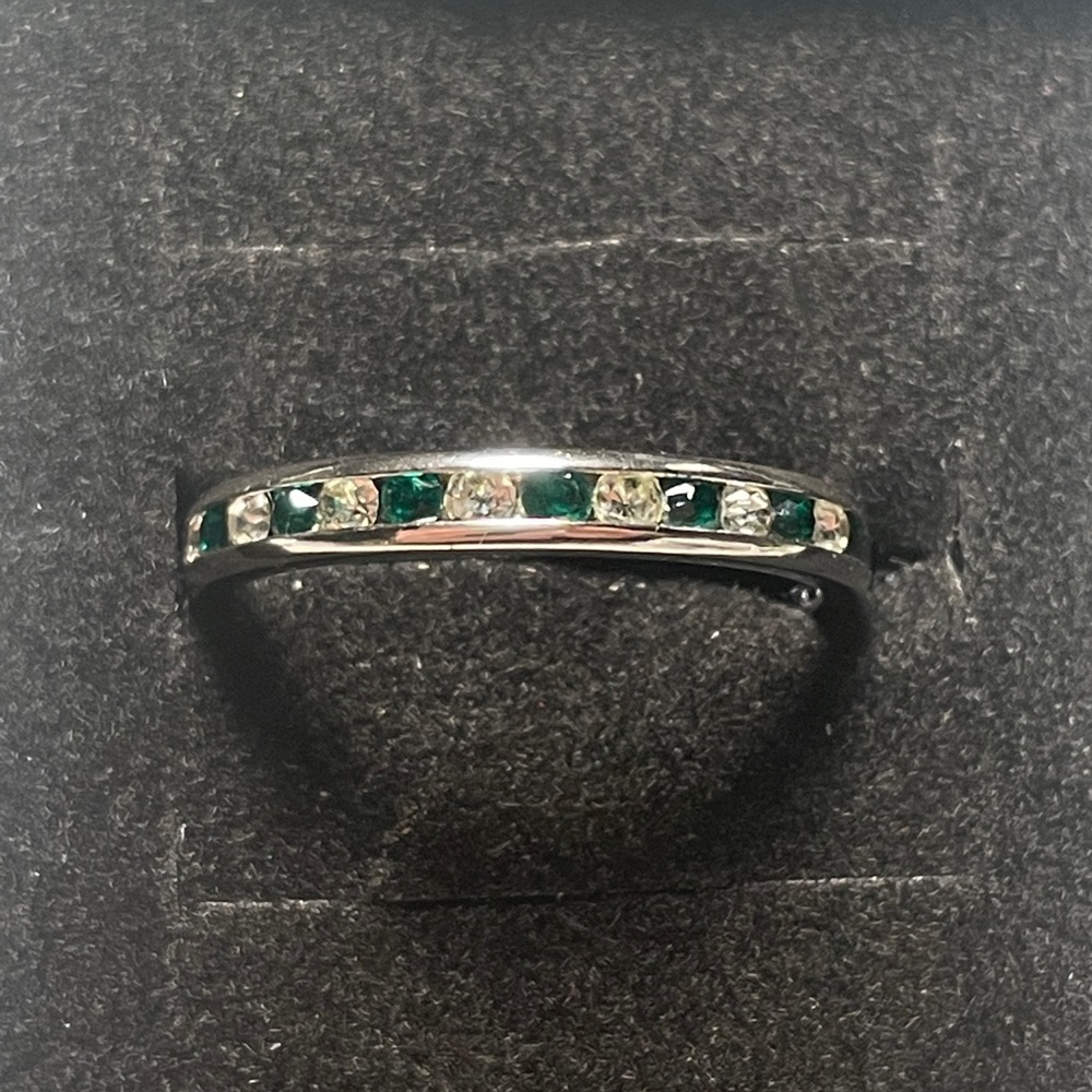 Silver tone eternity Band Ring with Green and Clear Stones